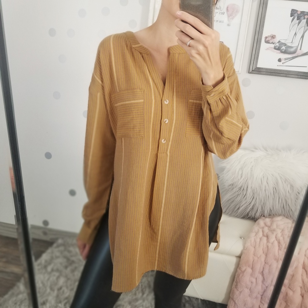 Fall Mustard Stripe Tunic Shirt Leggings Button Up Top Women’s Long Tops - Picture 4 of 8